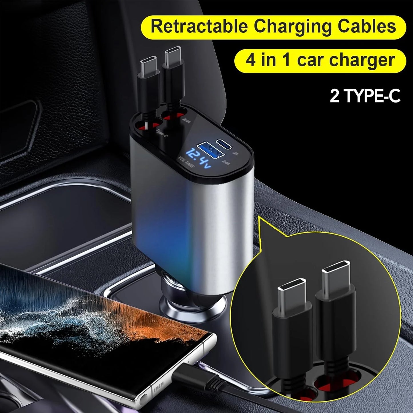 Retractable 4-in-1 Fast Car Charger, 66W USB Charger with Retractable Cables, Compatible with iPhone 15/14/13/12/11, Galaxy, and Pixel