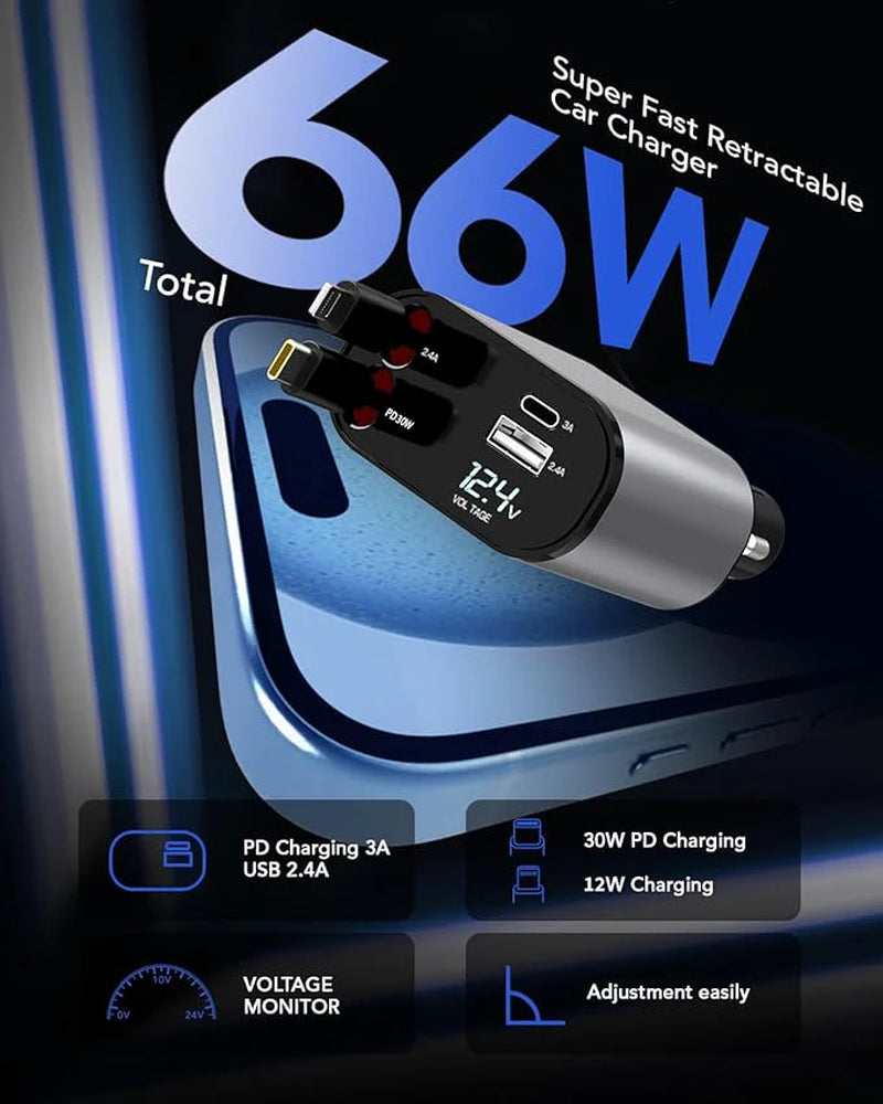 Retractable 4-in-1 Fast Car Charger, 66W USB Charger with Retractable Cables, Compatible with iPhone 15/14/13/12/11, Galaxy, and Pixel