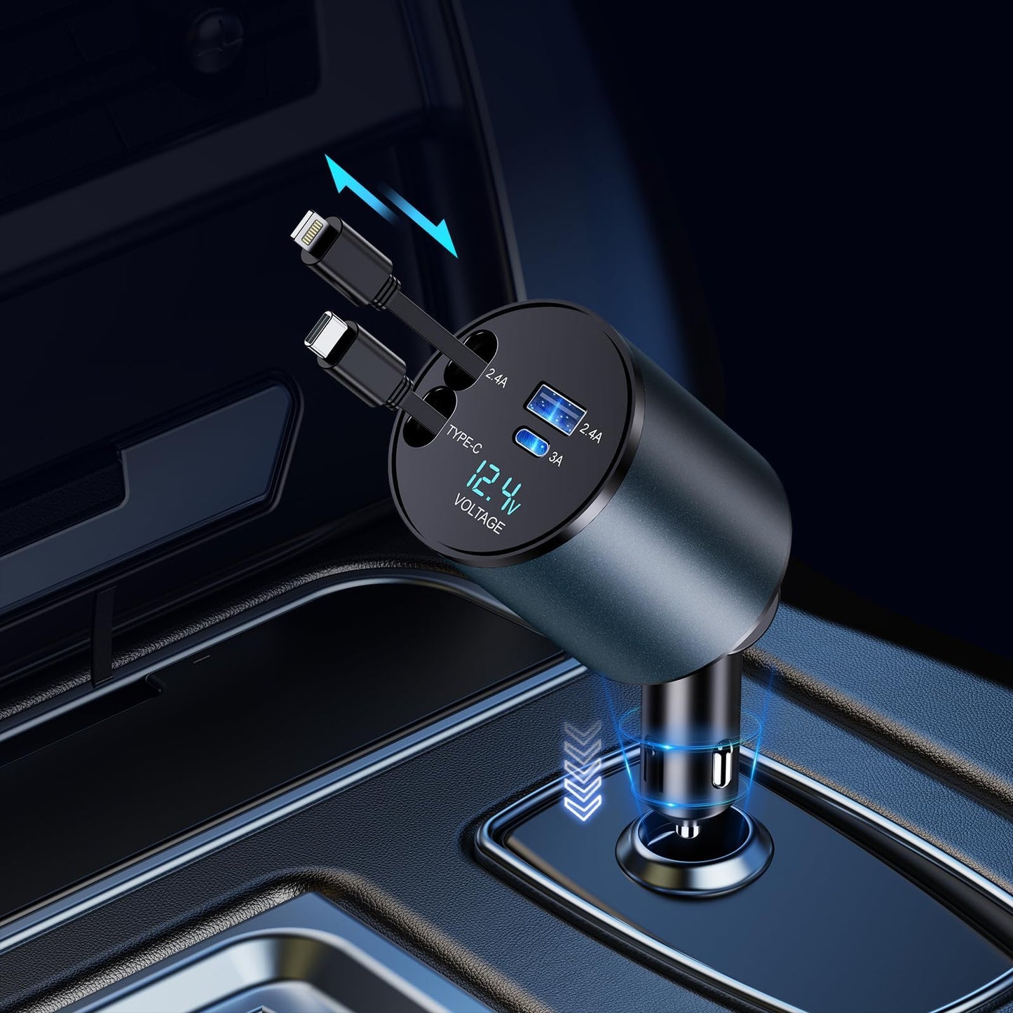 Retractable 4-in-1 Fast Car Charger, 66W USB Charger with Retractable Cables, Compatible with iPhone 15/14/13/12/11, Galaxy, and Pixel