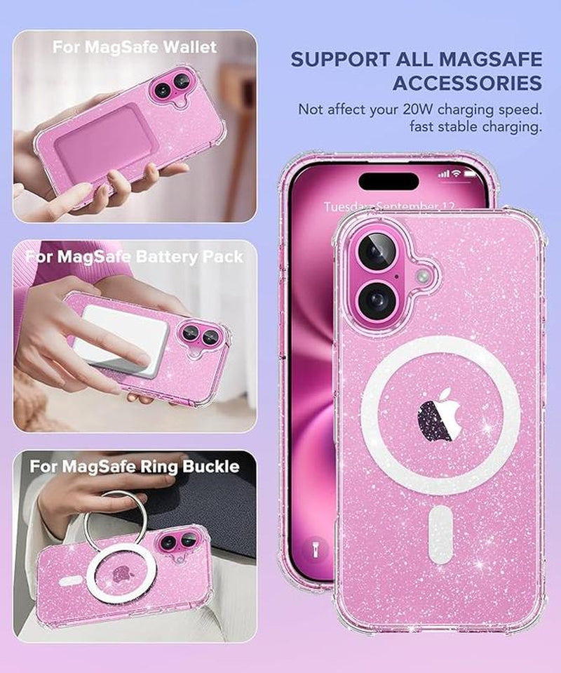 Entronix Case for Iphone 16, Plus, Pro Max, Magnetic Clear Glitter Cover, Clear Camera Lens & Tempered Glass Screen Protector, Accessories Transparent