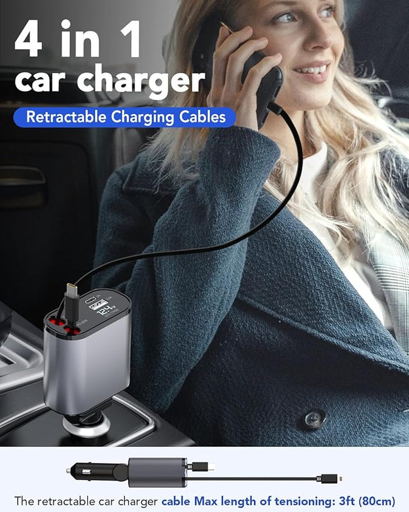 Retractable 4-in-1 Fast Car Charger, 66W USB Charger with Retractable Cables, Compatible with iPhone 15/14/13/12/11, Galaxy, and Pixel
