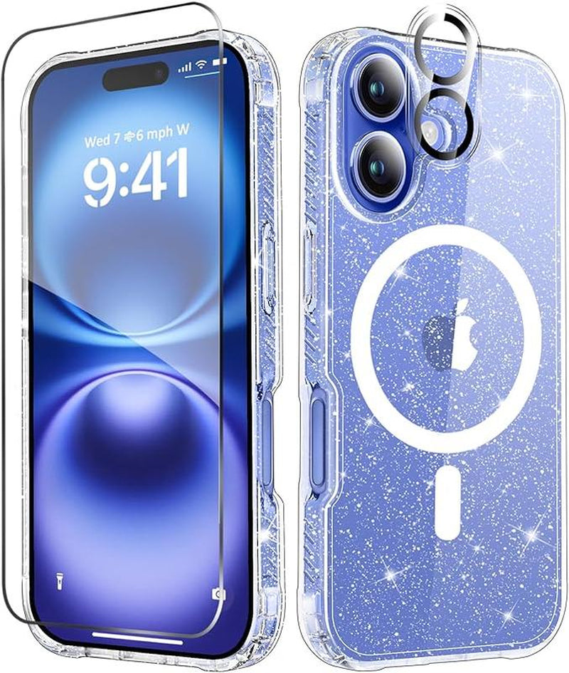 Entronix Case for Iphone 16, Plus, Pro Max, Magnetic Clear Glitter Cover, Clear Camera Lens & Tempered Glass Screen Protector, Accessories Transparent