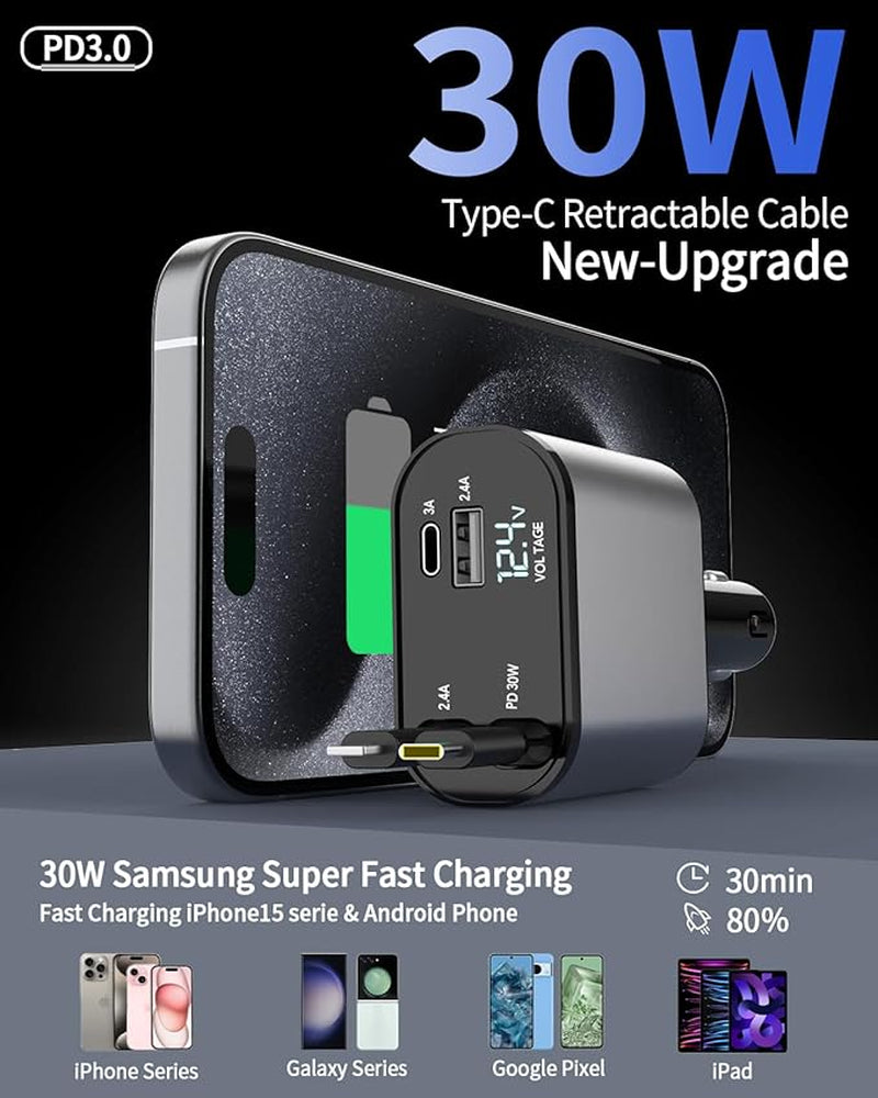 Retractable 4-in-1 Fast Car Charger, 66W USB Charger with Retractable Cables, Compatible with iPhone 15/14/13/12/11, Galaxy, and Pixel