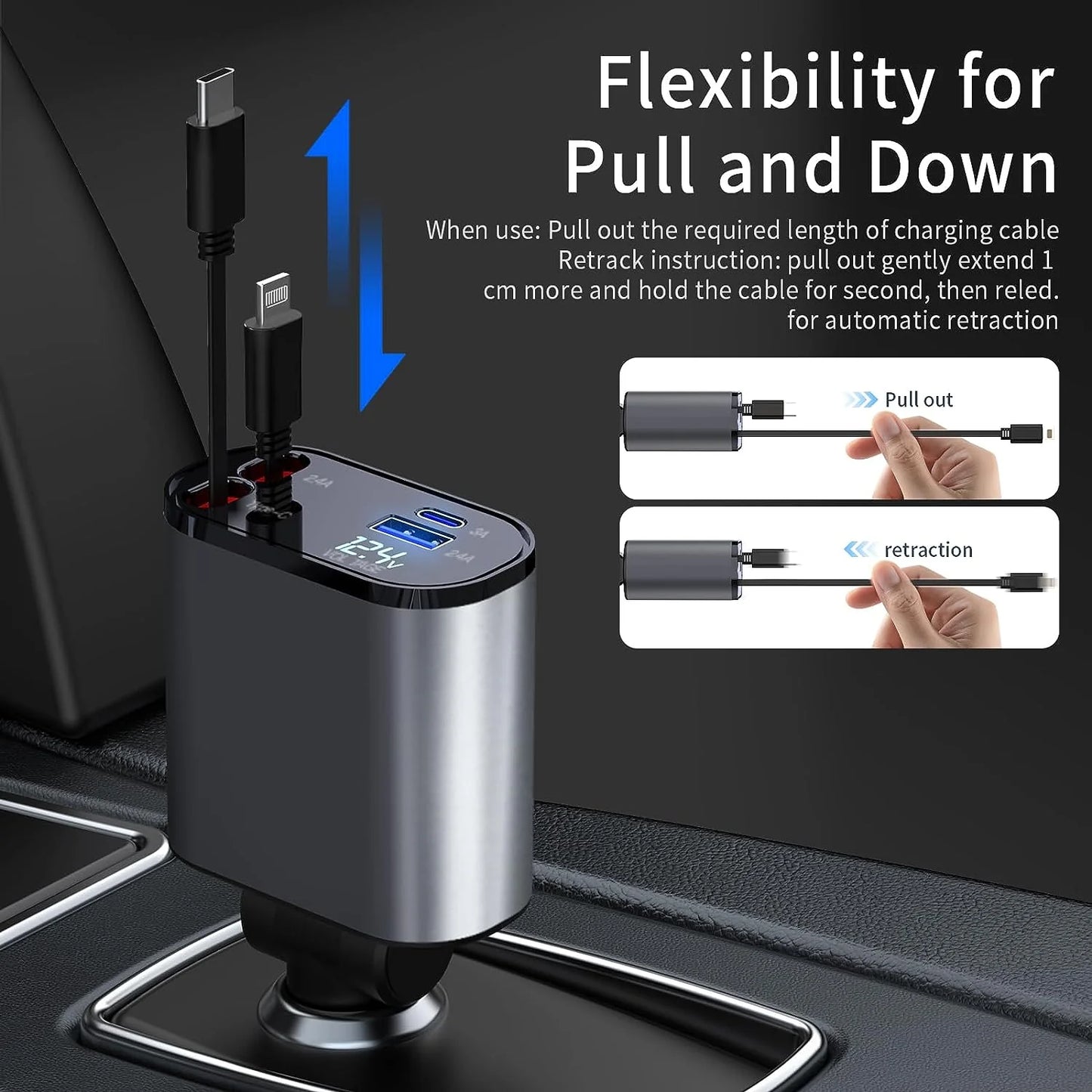 Retractable 4-in-1 Fast Car Charger, 66W USB Charger with Retractable Cables, Compatible with iPhone 15/14/13/12/11, Galaxy, and Pixel