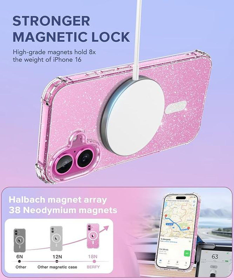 Entronix Case for Iphone 16, Plus, Pro Max, Magnetic Clear Glitter Cover, Clear Camera Lens & Tempered Glass Screen Protector, Accessories Transparent