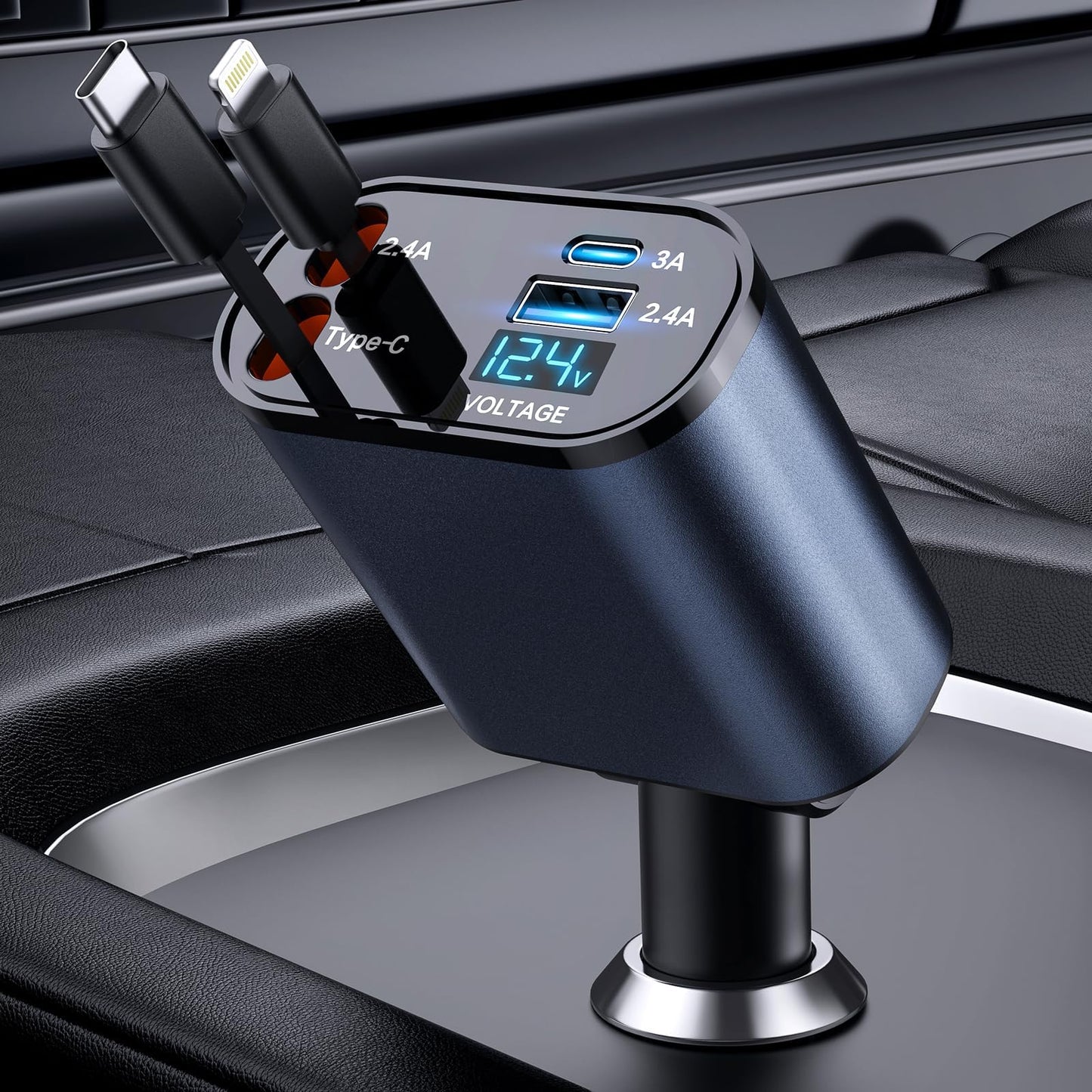 Retractable 4-in-1 Fast Car Charger, 66W USB Charger with Retractable Cables, Compatible with iPhone 15/14/13/12/11, Galaxy, and Pixel