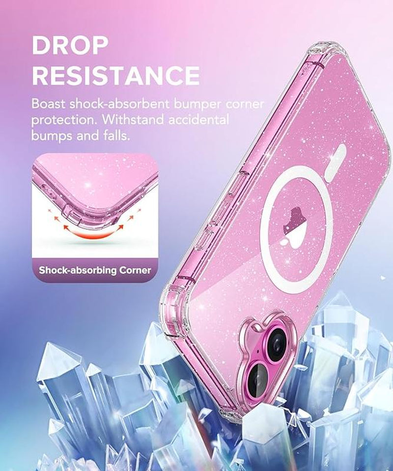 Entronix Case for Iphone 16, Plus, Pro Max, Magnetic Clear Glitter Cover, Clear Camera Lens & Tempered Glass Screen Protector, Accessories Transparent