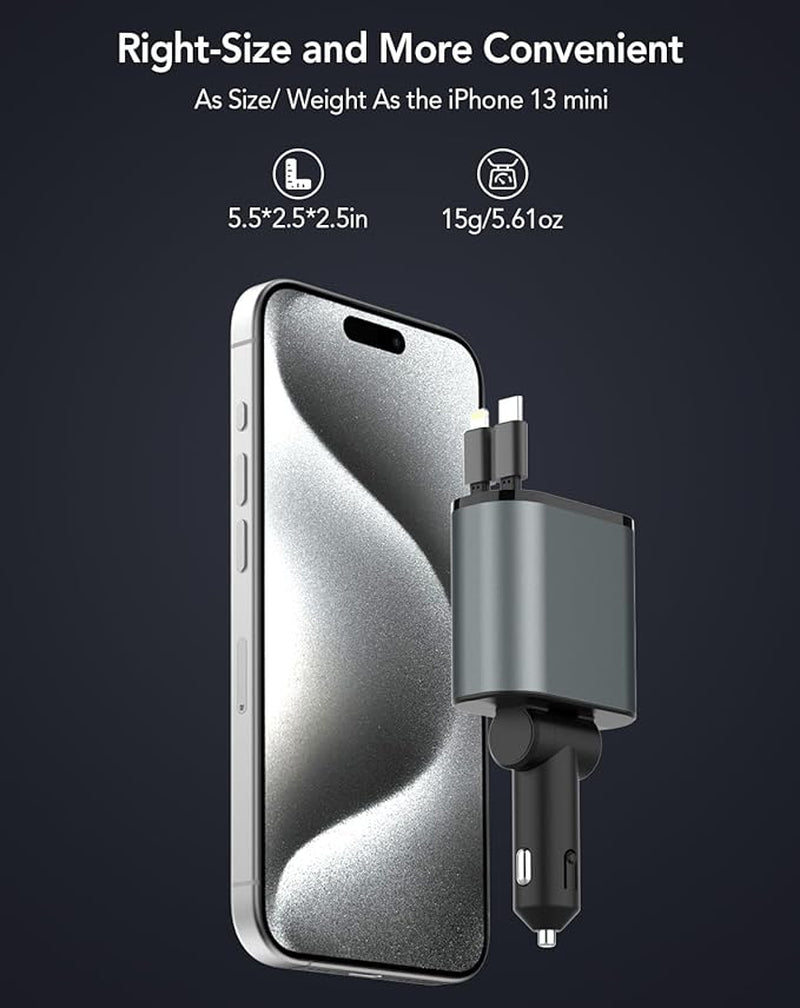 Retractable 4-in-1 Fast Car Charger, 66W USB Charger with Retractable Cables, Compatible with iPhone 15/14/13/12/11, Galaxy, and Pixel