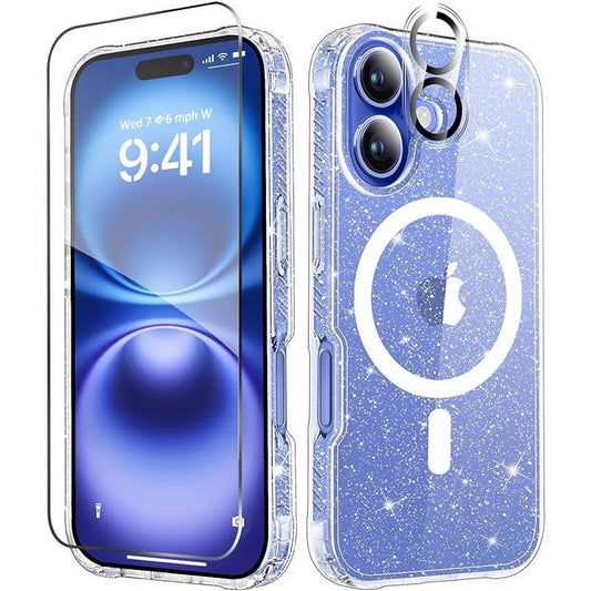 Entronix Case for Iphone 16, Plus, Pro Max, Magnetic Clear Glitter Cover, Clear Camera Lens & Tempered Glass Screen Protector, Accessories Transparent