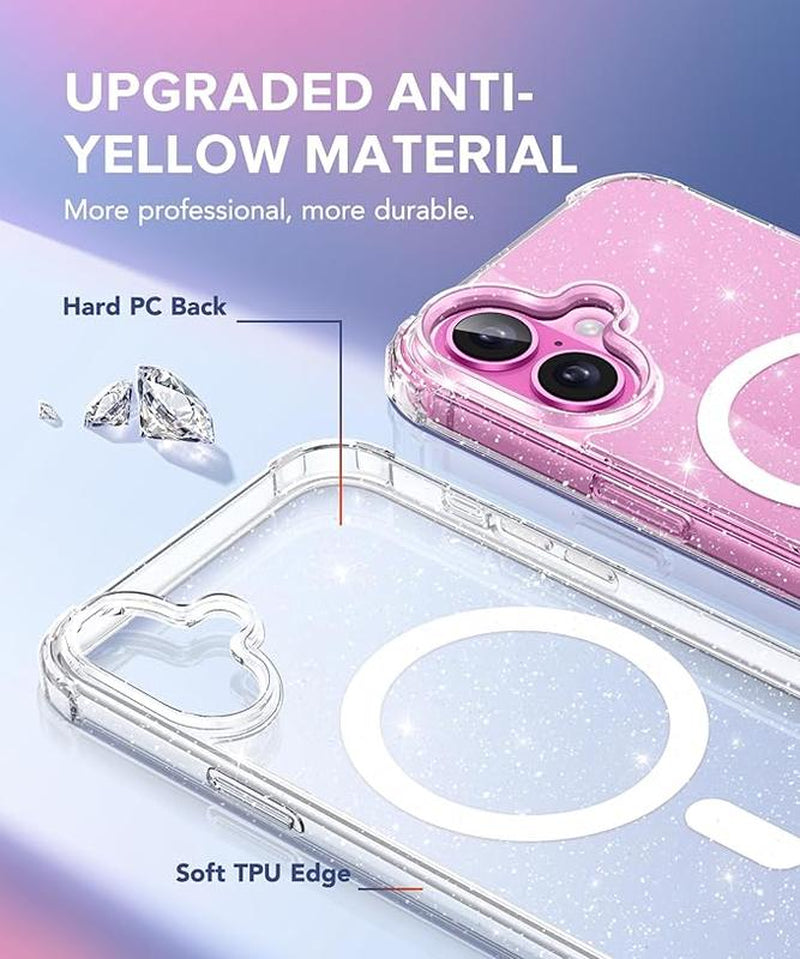 Entronix Case for Iphone 16, Plus, Pro Max, Magnetic Clear Glitter Cover, Clear Camera Lens & Tempered Glass Screen Protector, Accessories Transparent