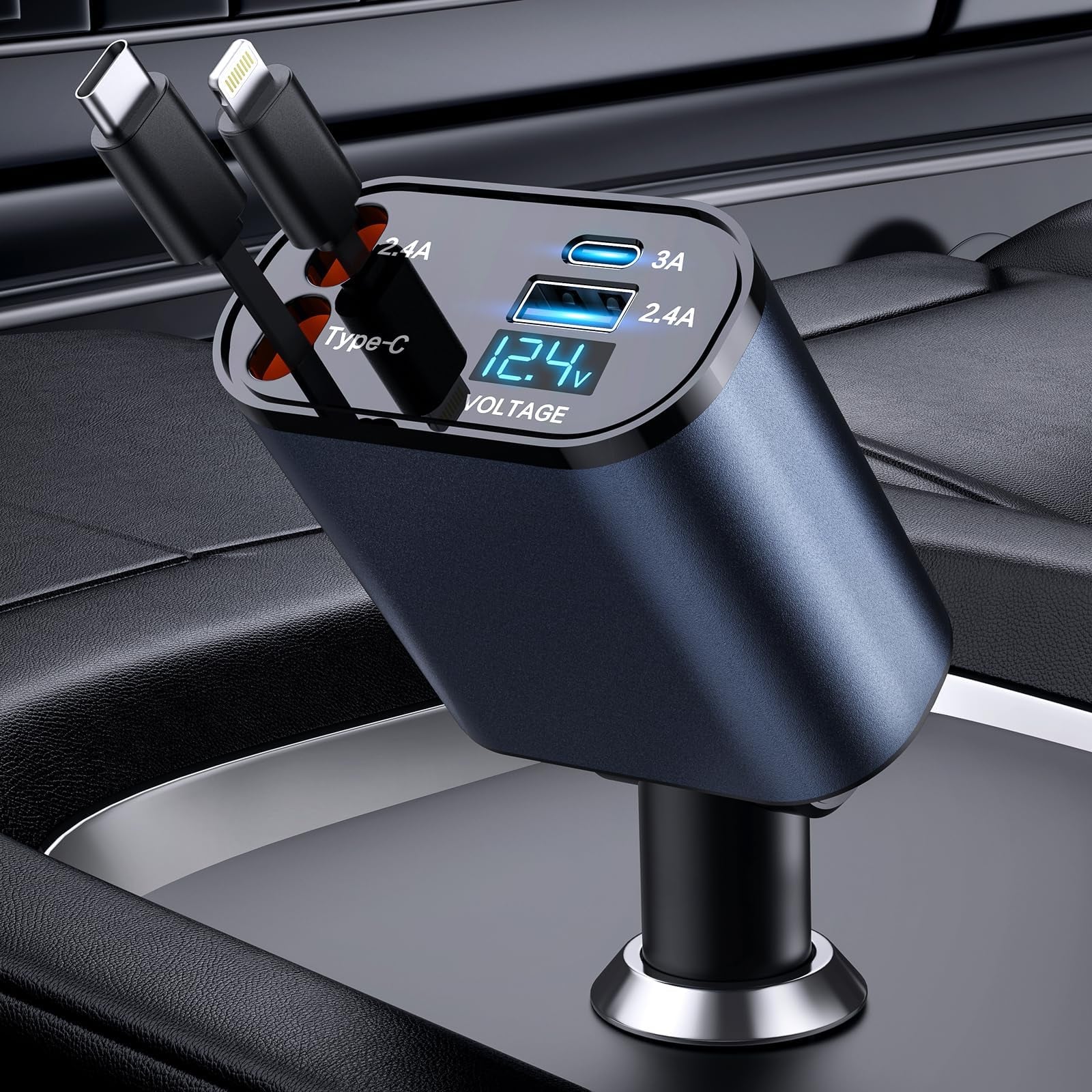 Retractable 4-in-1 Fast Car Charger, 66W USB Charger with Retractable Cables, Compatible with iPhone 15/14/13/12/11, Galaxy, and Pixel