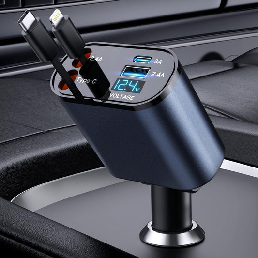 Retractable 4-in-1 Fast Car Charger, 66W USB Charger with Retractable Cables, Compatible with iPhone 15/14/13/12/11, Galaxy, and Pixel
